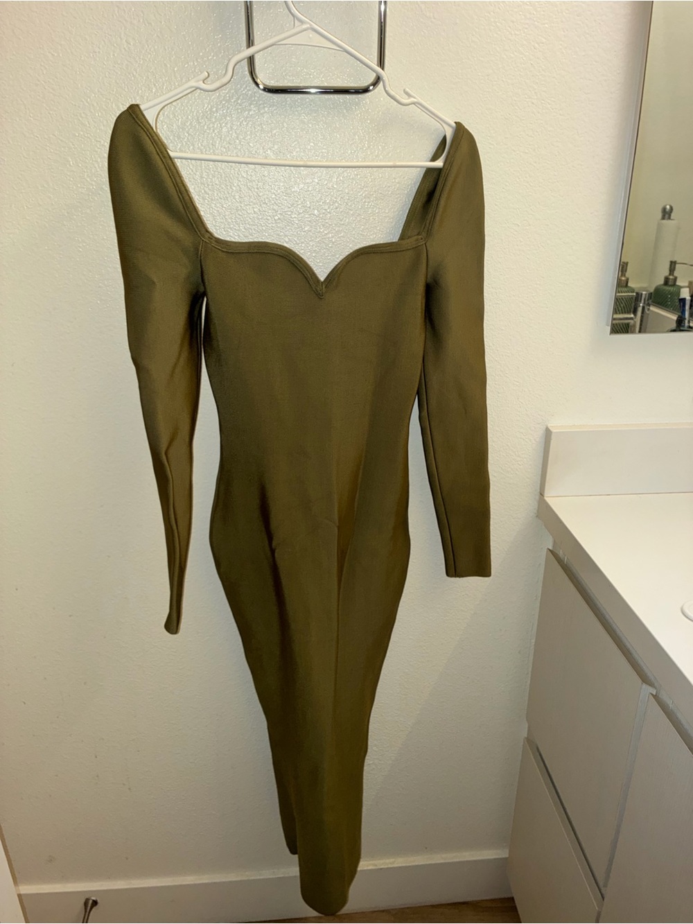House of CB Olive Green Long Sleeve Sweetheart Midi Dress